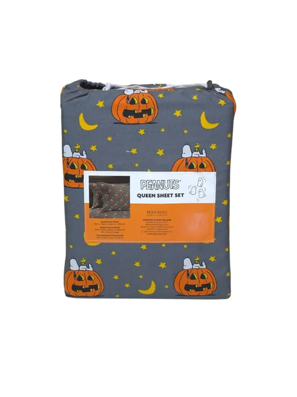 Peanuts Halloween Queen Sheet Set Gray with Snoopy Pumpkins & Stars By Berkshire